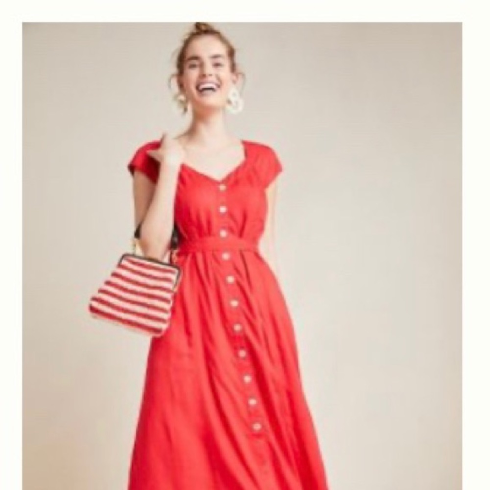Anthropologie Bright Red Button-Down Midi Dress